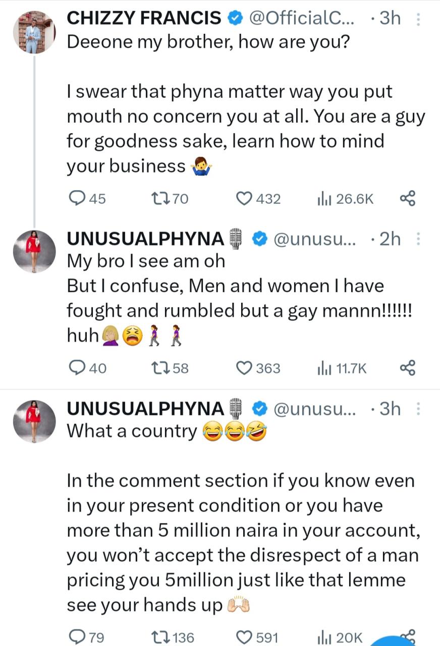 BBNaija Star Phyna Fires Back At Dee One, Labels Him a “Gay Man” After Questioning Phyna’s Claim Of Rejecting N5 Million From A Man Who Wanted To Sleep With Her