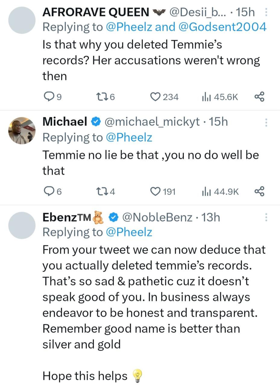 Music Producer Pheelz Faces Backlash After Seemingly Admitting To Deleting Temmie Ovwasa’s Songs After Dismissing Her Claims